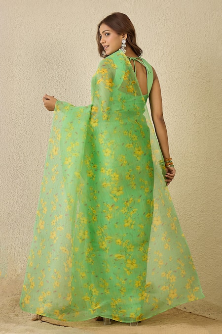 Label Nitika Teal Silk Organza Saree With Stitched Blouse 