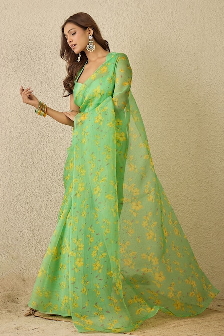 Buy_Label Nitika_Green Silk Organza, Chanderi Sweetheart Neck Teal Saree With Stitched Blouse 