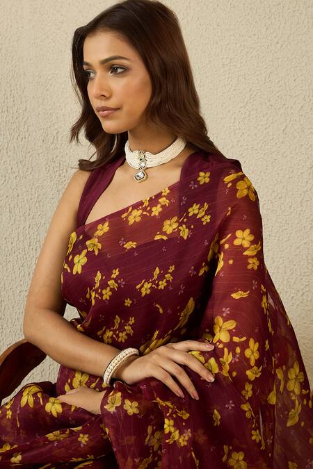Buy_Label Nitika_Maroon Silk Organza, Chanderi Floral Print Saree And Blouse 