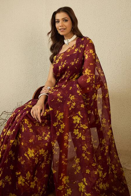 Buy_Label Nitika_Maroon Chanderi, Silk Organza Round Neck Saree With Stitched Blouse _Online_at_Aza_Fashions
