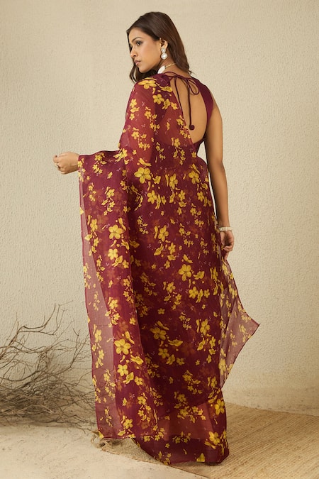 Label Nitika Maroon Silk Organza Saree With Stitched Blouse 