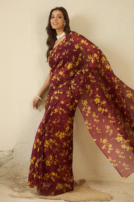 Label Nitika Maroon Chanderi, Silk Organza Round Neck Saree With Stitched Blouse