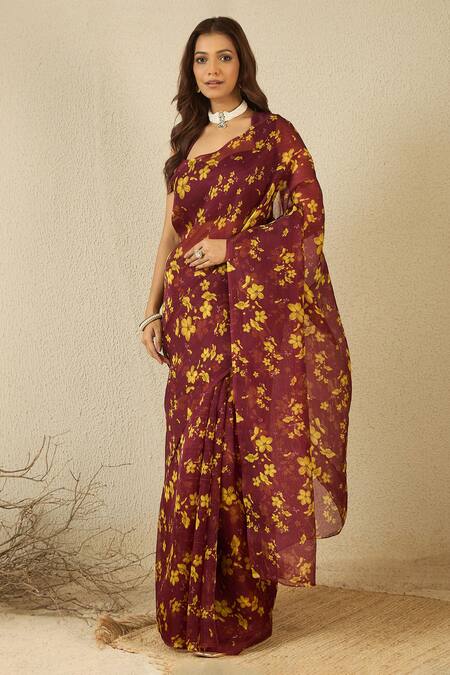 Shop_Label Nitika_Maroon Chanderi, Silk Organza Round Neck Saree With Stitched Blouse _Online_at_Aza_Fashions