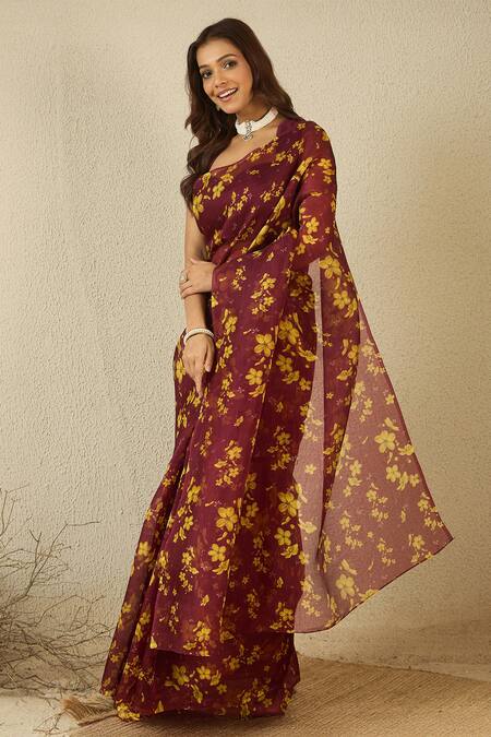 Buy_Label Nitika_Maroon Chanderi, Silk Organza Round Neck Saree With Stitched Blouse 