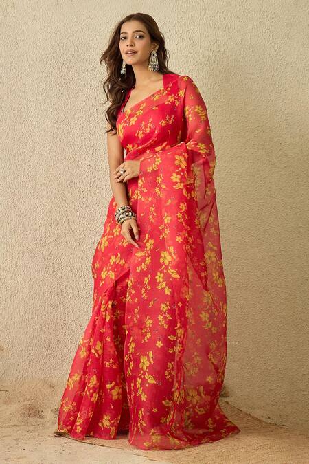 Buy_Label Nitika_Fuchsia Silk Organza, Chanderi Floral Print Saree Set _Online_at_Aza_Fashions