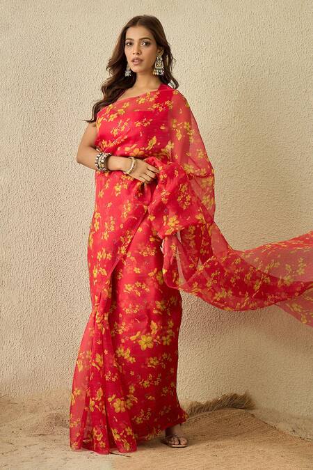 Shop_Label Nitika_Fuchsia Silk Organza, Chanderi Floral Print Saree Set _Online_at_Aza_Fashions