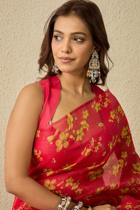 Buy_Label Nitika_Fuchsia Silk Organza, Chanderi Round Neck Saree With Stitched Blouse _Online_at_Aza_Fashions