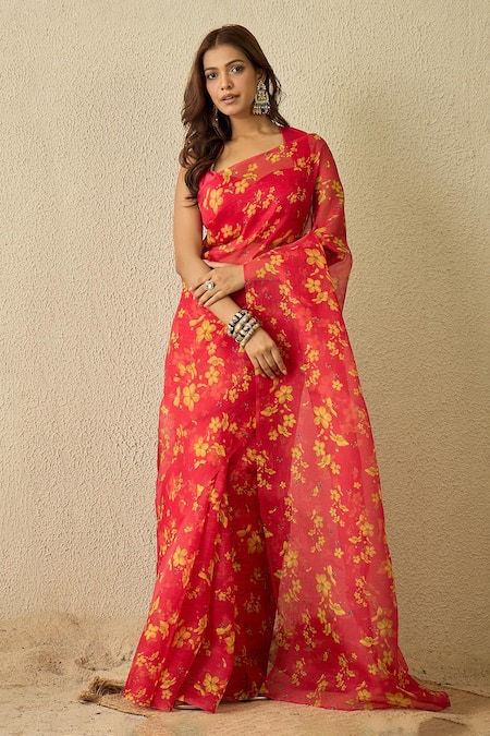 Label Nitika_Fuchsia Silk Organza, Chanderi Round Neck Saree With Stitched Blouse _at_Aza_Fashions