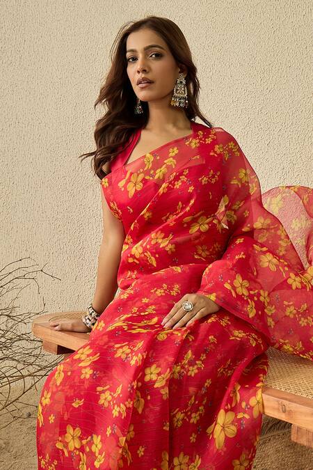 Buy_Label Nitika_Fuchsia Silk Organza, Chanderi Round Neck Saree With Stitched Blouse 