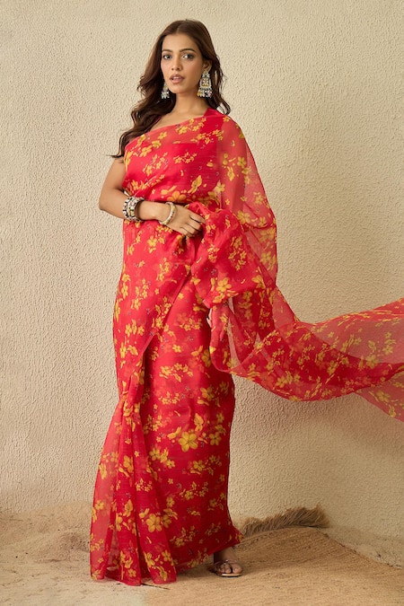 Label Nitika Fuschia Floral Print Saree & Stitched Blouse 