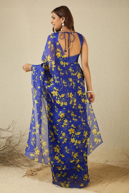 Label Nitika Floral Print Royal Blue Saree & Blouse 