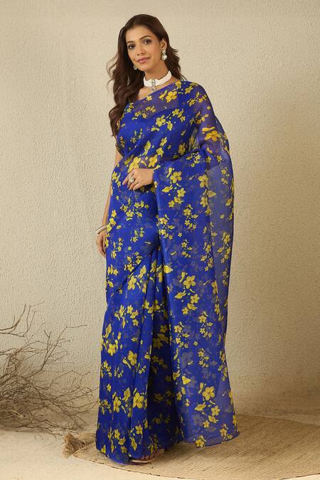 Label Nitika_Blue Silk Organza, Chanderi Floral Print Royal Saree And Blouse _at_Aza_Fashions