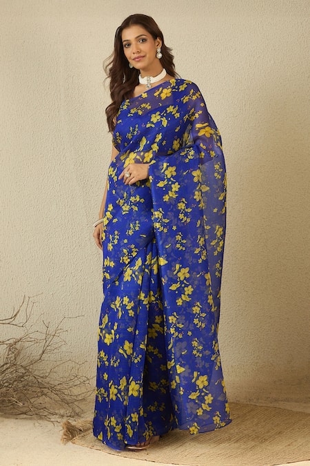 Buy_Label Nitika_Blue Silk Organza, Chanderi Square Neck Royal Saree With Stitched Blouse 