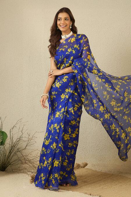 Shop_Label Nitika_Blue Silk Organza, Chanderi Square Neck Royal Saree With Stitched Blouse 