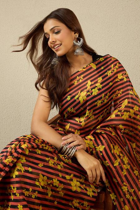 Shop_Label Nitika_Peach Silk, Chanderi Floral Striped Organza Saree Set _Online_at_Aza_Fashions