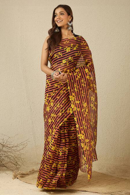 Label Nitika_Peach Silk, Chanderi Floral Striped Organza Saree Set _at_Aza_Fashions