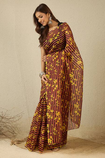 Buy_Label Nitika_Peach Silk, Chanderi Floral Striped Organza Saree Set 