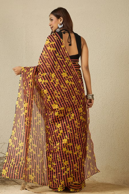 Label Nitika Floral Striped Silk Organza Saree Set 