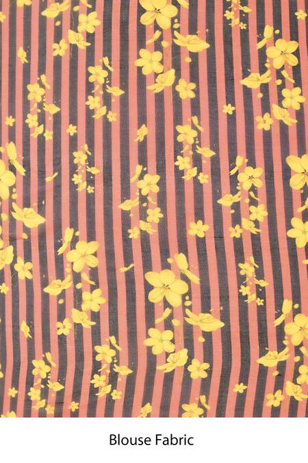 Label Nitika_Maroon Silk Organza, Chanderi Black Coral Striped Saree With Stitched Blouse  _at_Aza_Fashions