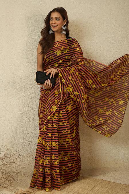 Buy_Label Nitika_Maroon Silk Organza, Chanderi Black Coral Striped Saree With Stitched Blouse  