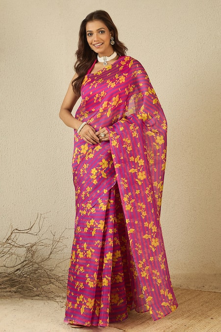 Buy_Label Nitika_Purple Silk Organza, Chanderi Floral Print Saree And Blouse 