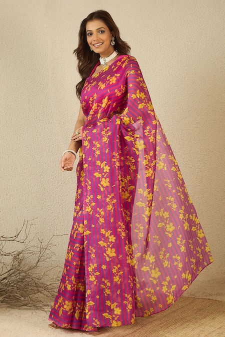 Shop_Label Nitika_Purple Silk Organza, Chanderi Floral Print Saree And Blouse 