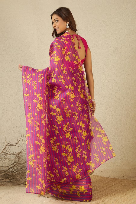 Label Nitika Floral Print Silk Organza Saree & Blouse 