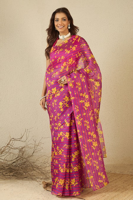 Buy_Label Nitika_Purple Silk Organza, Chanderi Sweetheart Pink Striped Saree With Stitched Blouse 