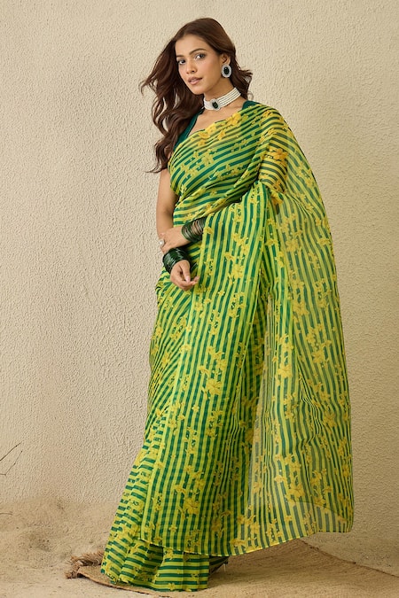 Label Nitika_Green Silk Organza, Chanderi Yellow Striped Saree _at_Aza_Fashions