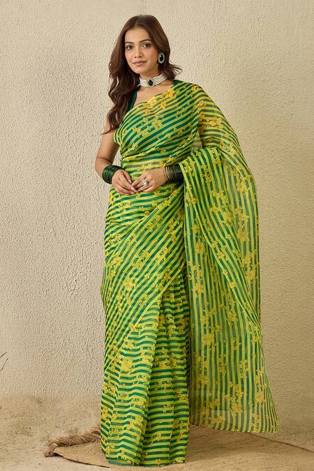 Buy_Label Nitika_Green Silk Organza, Chanderi Yellow Striped Saree 