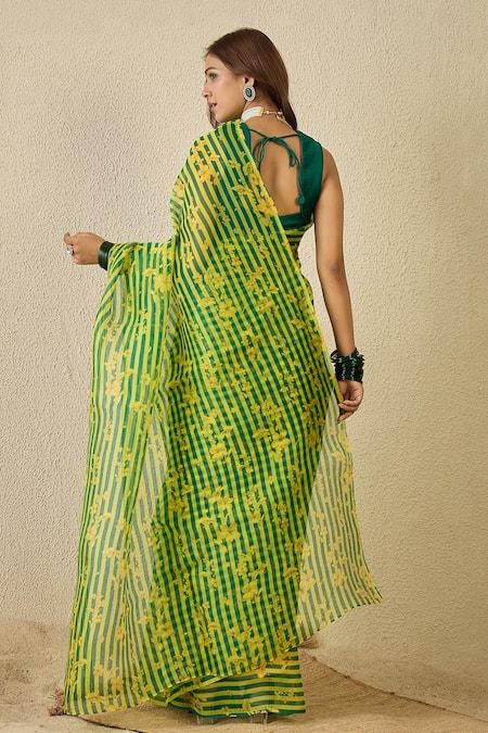 Label Nitika Emerald Green Striped Saree With Stitched Blouse  