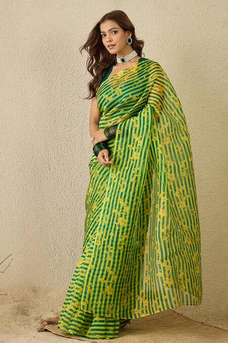 Label Nitika_Green Silk Organza, Chanderi Emerald Striped Saree With Stitched Blouse _at_Aza_Fashions