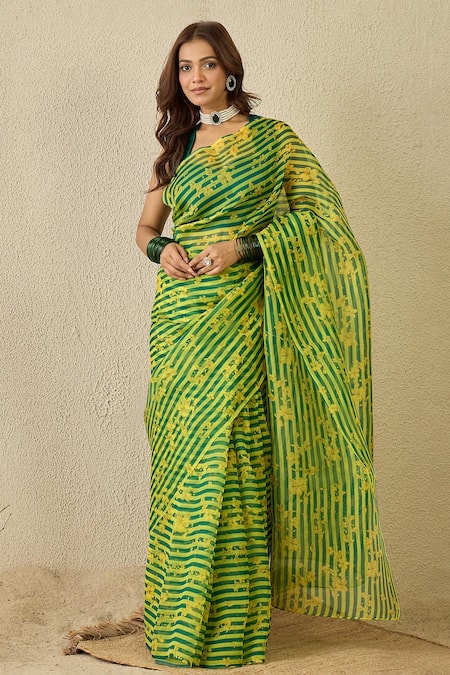 Label Nitika Green & Yellow Striped Saree With Blouse 