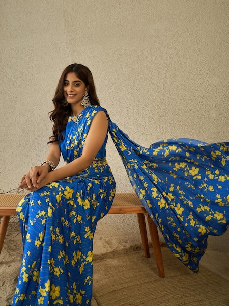 Shop_Label Nitika_Blue Modal, Chanderi, Satin Embroidery Round Floral Print Pre-draped Saree Set 