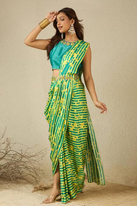 Shop_Label Nitika_Green Modal, Chanderi, Satin Round And Yellow Hand Embroidered Pre-stitched Saree _Online_at_Aza_Fashions