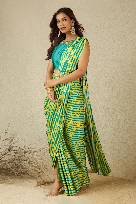 Label Nitika_Green Modal, Chanderi, Satin Round And Yellow Hand Embroidered Pre-stitched Saree _at_Aza_Fashions