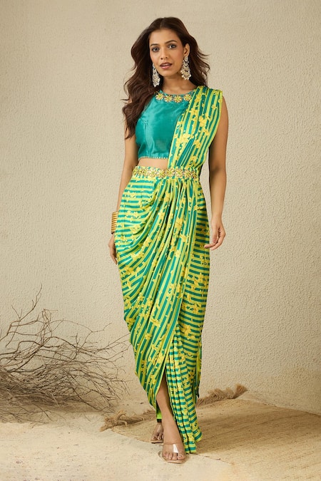 Label Nitika Green & Yellow Hand Embroidered Pre-Stitched Saree 