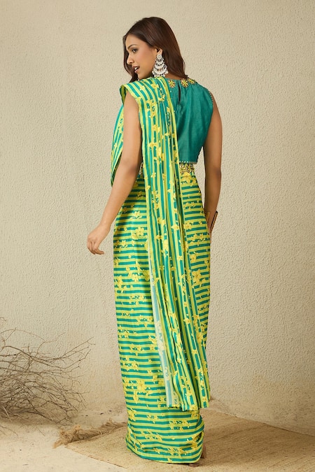 Label Nitika Green & Yellow Hand Embroidered Pre-Stitched Saree 