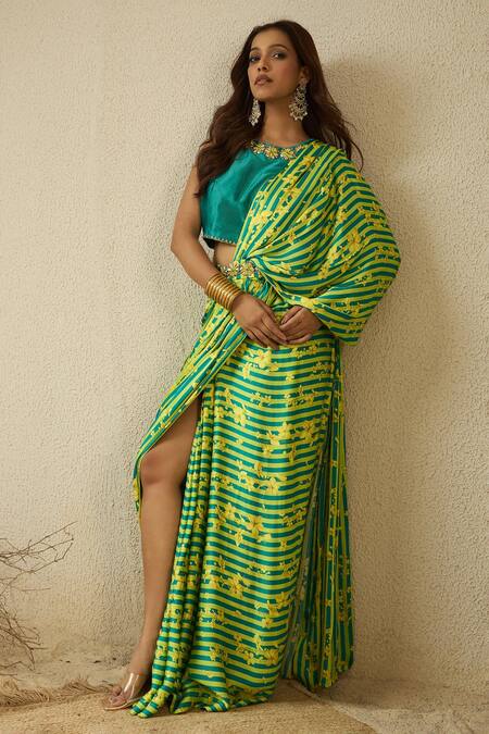 Buy_Label Nitika_Green Modal, Chanderi, Satin Round And Yellow Hand Embroidered Pre-stitched Saree 