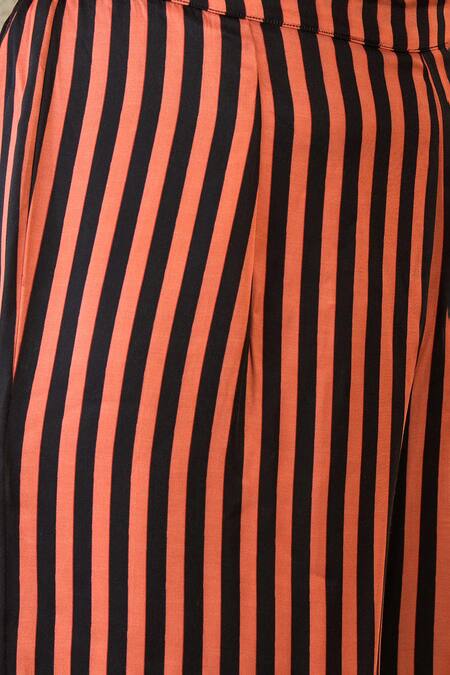 Label Nitika_Peach Modal, Satin Embroidery Asymmetric Black And Striped Tunic & Palazzo Set _Online_at_Aza_Fashions