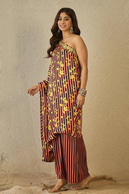 Shop_Label Nitika_Peach Modal, Satin Embroidery Asymmetric Black And Striped Tunic & Palazzo Set _Online_at_Aza_Fashions