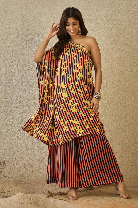 Label Nitika_Peach Modal, Satin Embroidery Asymmetric Black And Striped Tunic & Palazzo Set _at_Aza_Fashions