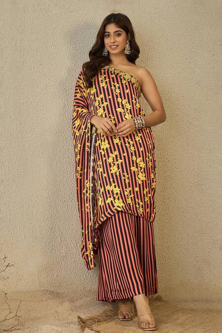 Buy_Label Nitika_Peach Modal, Satin Embroidery Asymmetric Black And Striped Tunic & Palazzo Set 