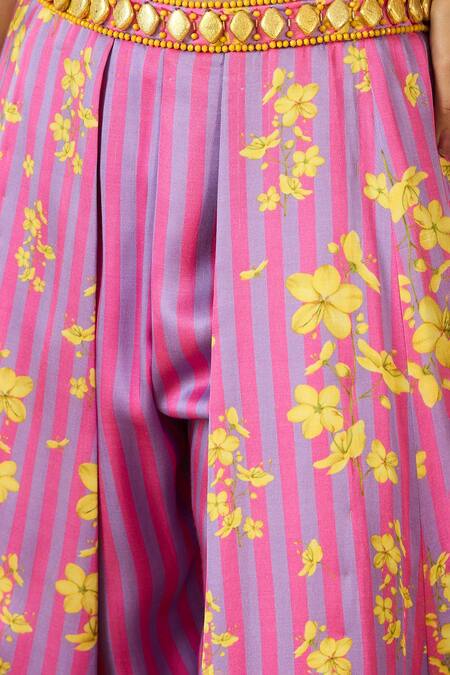 Shop_Label Nitika_Pink Modal, Net, Satin Beads Halter Neck, Purple And Floral Palazzo Set _Online_at_Aza_Fashions