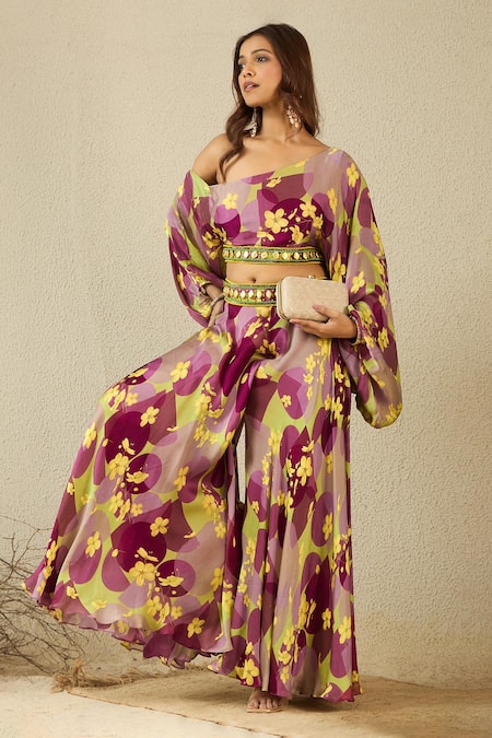 Shop_Label Nitika_Purple Satin, Georgette Beads, Embroidery Floral Printed Top And Palazzo Set _Online_at_Aza_Fashions