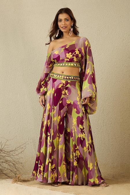 Label Nitika Purple Satin, Georgette Beads, Embroidery Floral Printed Top And Palazzo Set