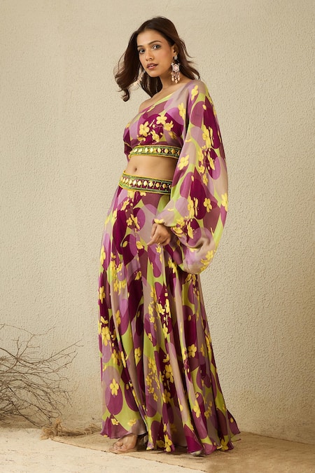 Label Nitika_Purple Satin, Georgette Beads, Embroidery Floral Printed Top And Palazzo Set _at_Aza_Fashions