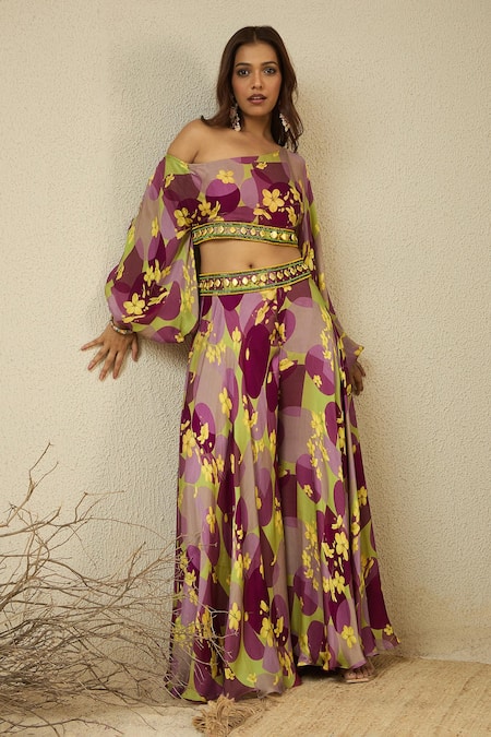 Shop_Label Nitika_Purple Satin, Georgette Beads, Embroidery Floral Printed Top And Palazzo Set 