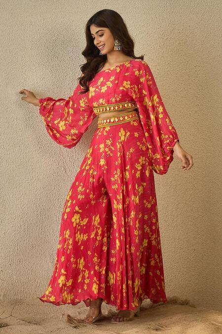 Buy_Label Nitika_Fuchsia Satin, Georgette Off-shoulder Floral Print Set _Online_at_Aza_Fashions