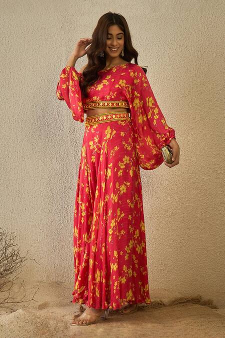 Label Nitika_Fuchsia Satin, Georgette Off-shoulder Floral Print Set _at_Aza_Fashions